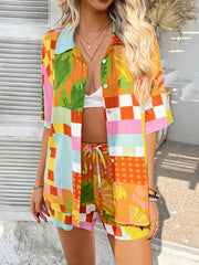 Hazel Blues® | Devine Printed Collared Neck Half Sleeve Top and Shorts Set