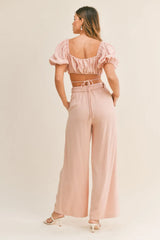 Hazel Blues® | MABLE Cut Out Drawstring Crop Top and Belted Pants Set
