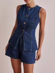 Hazel Blues® | Button Down Vest and Shorts Denim Set