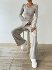 Hazel Blues® | Ribbed V-Neck Long Sleeve Top and Pocketed Pants Set