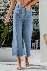 Hazel Blues® | Button Fly Cropped Wide Leg Jeans
