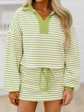 Hazel Blues® | Collared Neck Striped Top and Drawstring Skirt Set