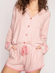Hazel Blues® | Striped Collared Neck Long Sleeve Top and Shorts Lounge Set