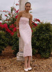 Alida Strapless Jacquard Midi Dress Pink