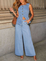Hazel Blues® | Button Decor High Rise Wide Leg Jeans