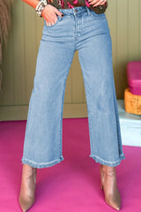 Hazel Blues® | High-Waisted Wide Leg Frayed Hem Jeans