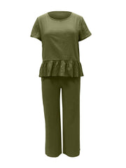 Hazel Blues® | Peplum Round Neck Short Sleeve Top and Pants Set