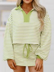 Hazel Blues® | Collared Neck Striped Top and Drawstring Skirt Set