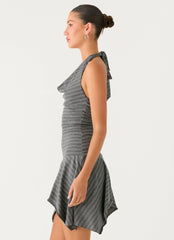 Bad Alive Halter Hanky Mini Dress Grey Marle Stripe
