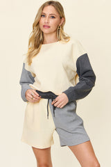 Hazel Blues® | Double Take Contrast Drop Shoulder Top and Shorts Set