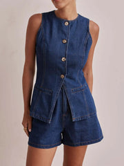 Hazel Blues® | Button Down Vest and Shorts Denim Set