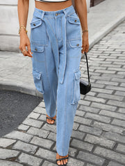 Hazel Blues® | High-Waisted Multi-Pocket Cargo Jeans