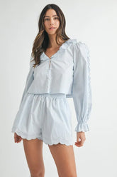 Hazel Blues® | MABLE Long Sleeve Scallop Blouse and Shorts Set