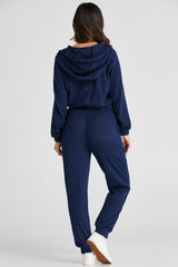 Hazel Blues® | Navy Blue Ribbed Knit Cropped Hoodie and Drawstring Joggers Set