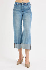Hazel Blues® | RISEN Tummy Control High Rise Ankle Wide Cuffed Jeans