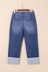Hazel Blues® | Real Teal Folded Cuffs Distressed Straight High Waist Jeans