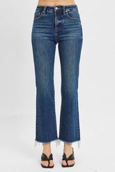 Hazel Blues® | RISEN Tummy Control High Rise Crop Straight Raw Cut Hem Jeans
