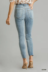 Hazel Blues® | Umgee 5-Pockets Distressed Detail Stretch Denim Skinny Jeans with Unfinished Hem