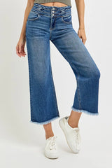 Hazel Blues® | RISEN High Rise Crop Wide Leg Jeans with Wide Band Detail