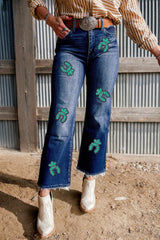 Hazel Blues® | Sail Blue Turquoise Pattern Raw Edge Cropped High Waist Jeans