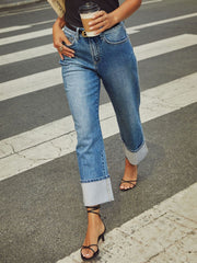 Hazel Blues® | High Waisted Straight Leg Rolled Jeans