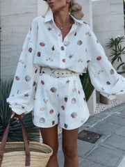 Hazel Blues® | Shell Print Long Sleeve Shirt and Belt Shorts Set