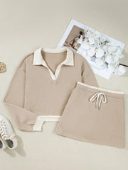 Hazel Blues® | Contrast Collared Neck Top and Drawstring Mini Skirt Set