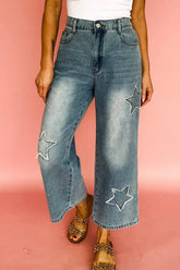 Hazel Blues® | Star Embroidered High Waist Wide Leg Jeans