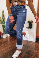 Hazel Blues® | Folded Cuffs Distressed Straight High Waist Jeans