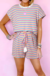 Hazel Blues® | Striped Round Neck Top and Shorts Set
