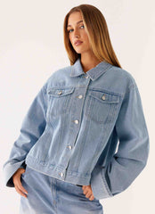 Back Again Oversized Denim Jacket Light Wash Blue