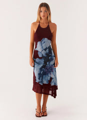 Brinley Halterneck Midi Dress Maroon Print