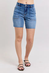 Hazel Blues® | Judy Blue Mid Rise Bermudas Denim Shorts W/ Back Flap Pockets