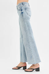 Hazel Blues® | RISEN Tummy Control Low Rise Wide Leg Raw Cut Hem Jeans