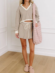 Hazel Blues® | Contrast Collared Neck Top and Drawstring Mini Skirt Set