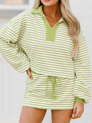 Hazel Blues® | Collared Neck Striped Top and Drawstring Skirt Set