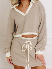 Hazel Blues® | Contrast Collared Neck Top and Drawstring Mini Skirt Set