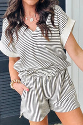 Hazel Blues® | Stripe V Neck Tee and Casual Shorts Set