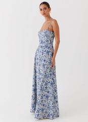 Angelina Linen Maxi Dress Blue Paisley