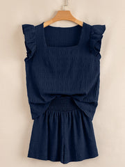 Hazel Blues® | Textured Square Neck Top and Shirred High Waist Shorts Set