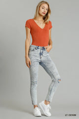Hazel Blues® | Umgee 5-Pockets Distressed Detail Stretch Denim Skinny Jeans with Unfinished Hem