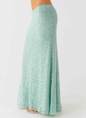 Amoura Sequin Low Rise Maxi Skirt Mint Sage