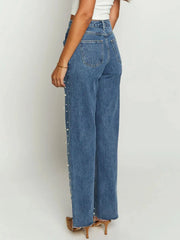 Hazel Blues® | Pearl Embellished High Waist Straight Leg Jeans