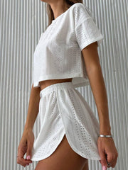 Hazel Blues® | Eyelet Round Neck Top and Shorts Set