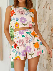 Hazel Blues® | Floral Round Neck Tank and Shorts Set
