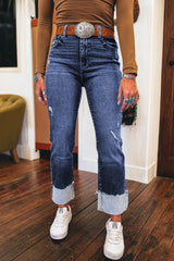 Hazel Blues® | Real Teal Folded Cuffs Distressed Straight High Waist Jeans