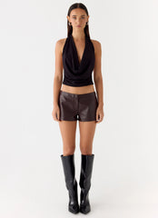 Coastline Faux Leather Micro Mini Shorts Chocolate