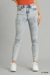 Hazel Blues® | Umgee 5-Pockets Distressed Detail Stretch Denim Skinny Jeans with Unfinished Hem