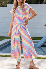 Hazel Blues® | Striped Round Neck Short Sleeve Top and Pants Set
