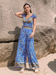 Hazel Blues® | Printed V-Neck Top and Pants Set
